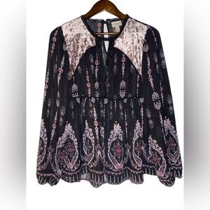 Knox Rose Women Floral Sheer Boho‎ Babydoll Top Sz M Festival Hippie Psychedelic